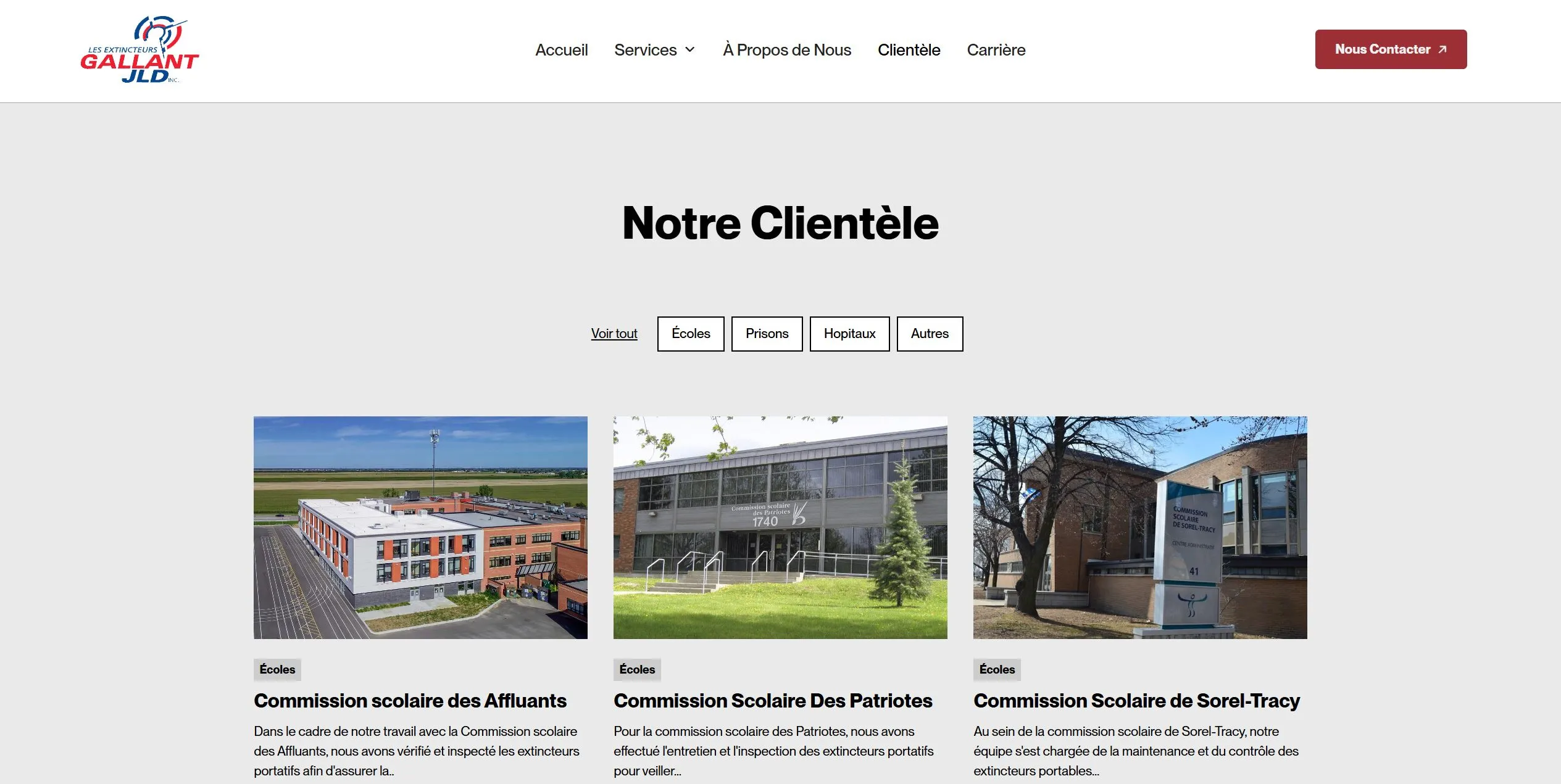 Page de clientèle du site web d'Extincteurs Gallant montrant leurs clients institutionnels et entreprises desservies dans la région de Montréal